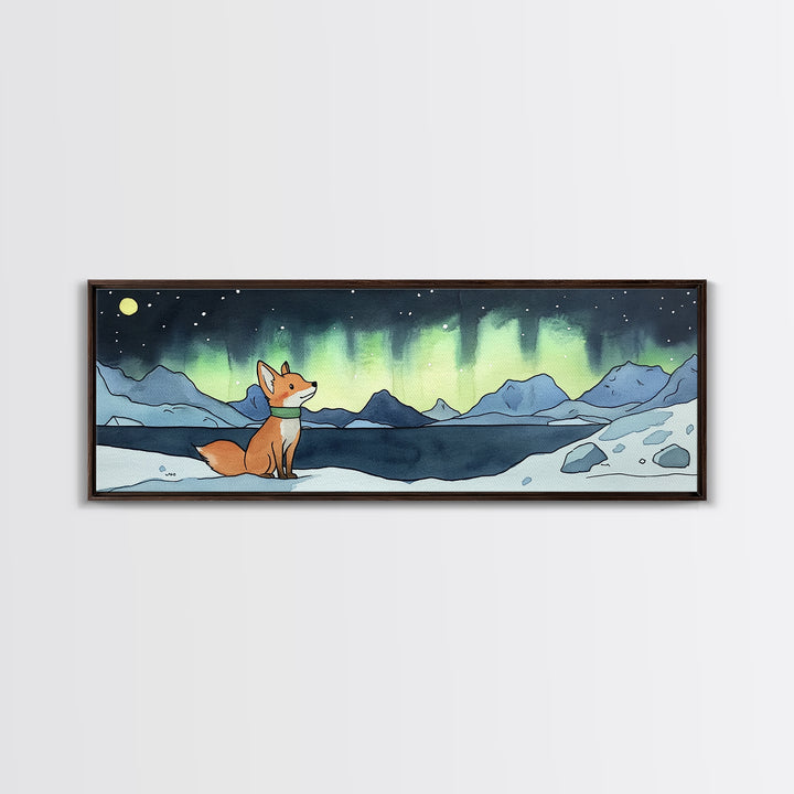 Fox Under Northern Lights By Mountain Lake Wall Art, Winter Landscape Print, Woodland Animal Decor, Cozy Cabin Gift For Nature Lovers