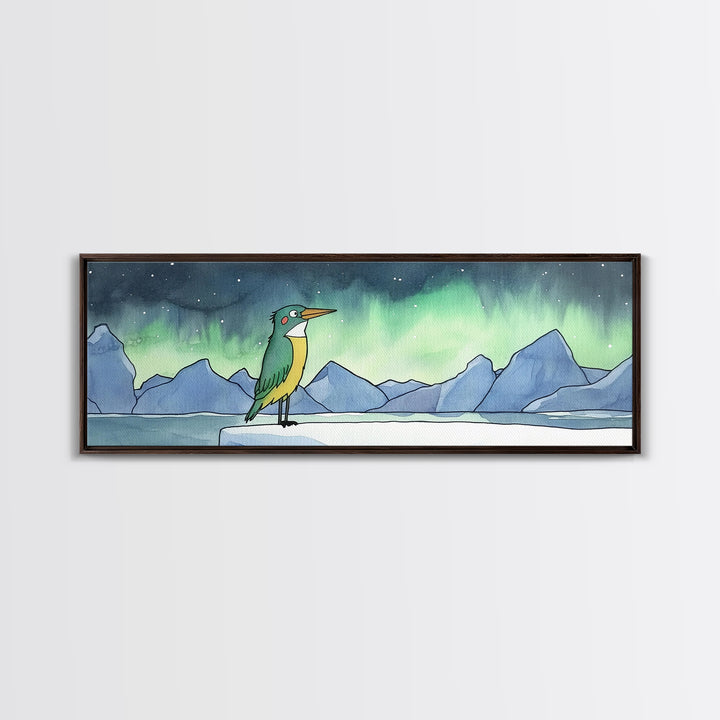 Green Kingfisher Under Northern Lights Wall Art, Arctic Bird Canvas Print, Wildlife Nursery Decor, Mountain Lake Art Print