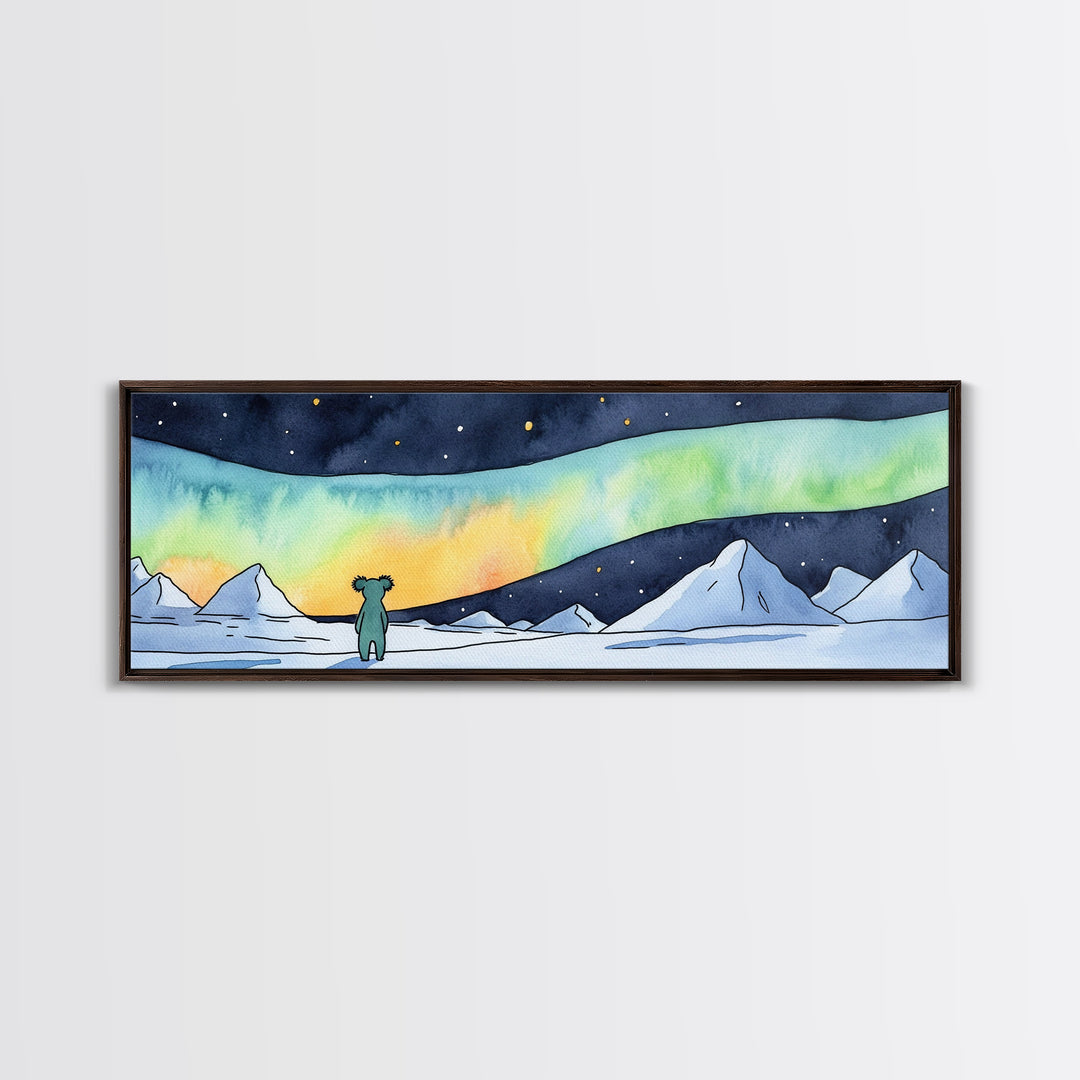 Tiny Bear Watching Aurora Canvas Print, Northern Lights Wall Art, Arctic Nursery Decor, Whimsical Winter Landscape Art Print