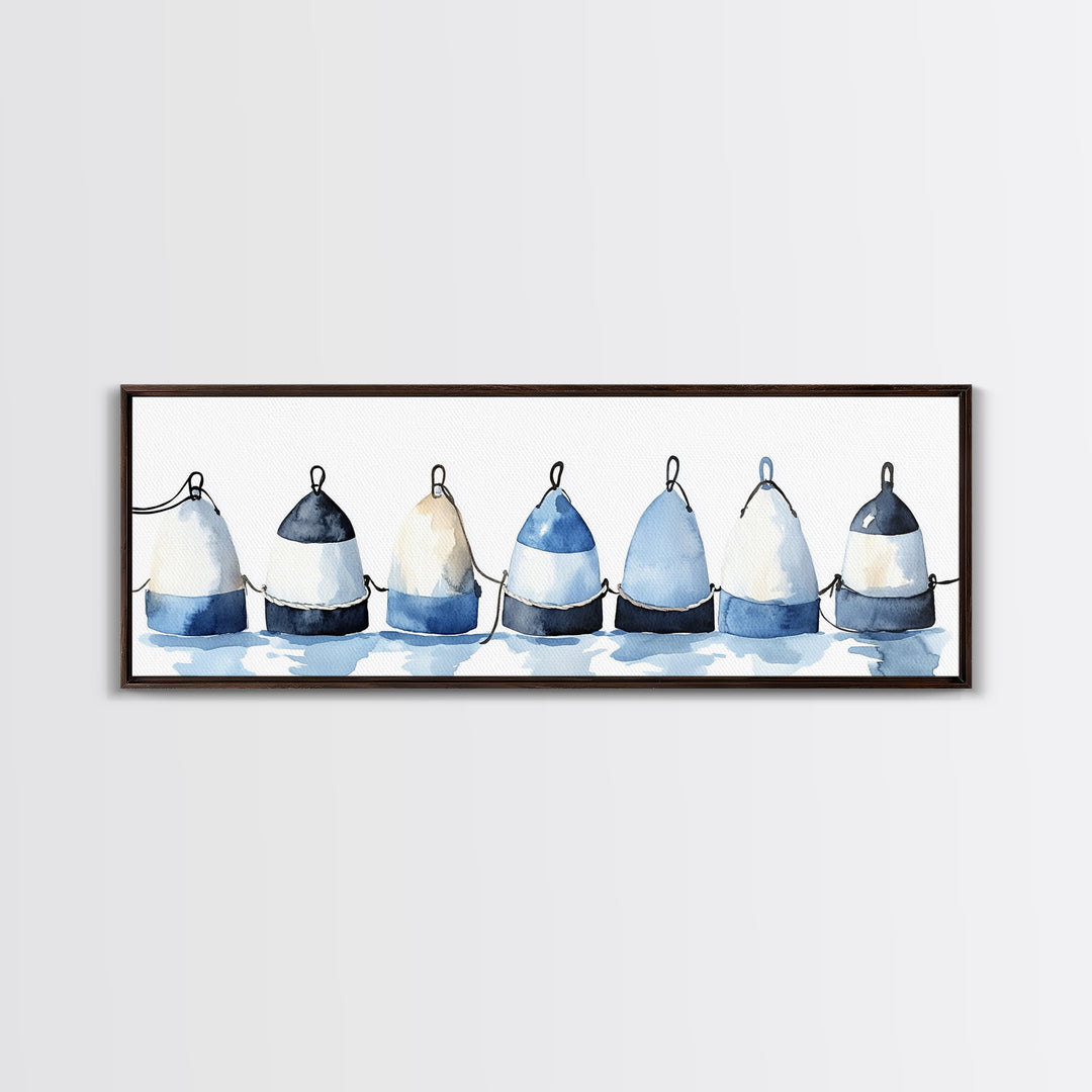 Blue And White Fishing Buoys Wall Art, Nautical Canvas Print, Coastal Bathroom Decor, Beach House Gallery Print, Ocean Wall Decor
