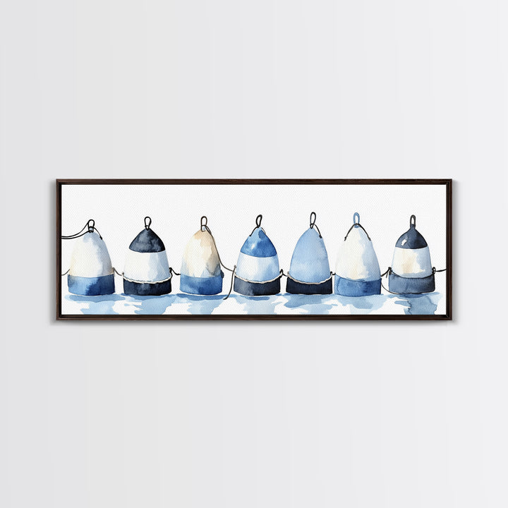 Blue And White Fishing Buoys Wall Art, Nautical Canvas Print, Coastal Bathroom Decor, Beach House Gallery Print, Ocean Wall Decor