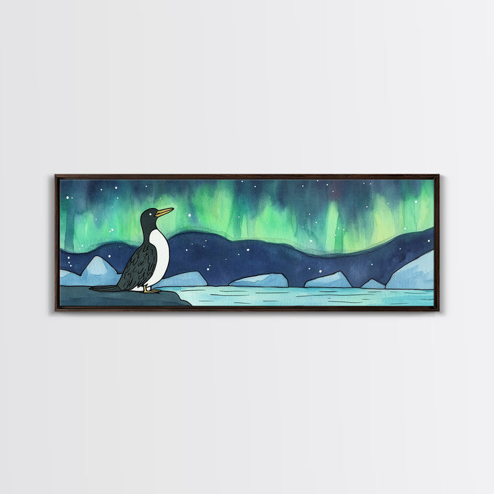 Penguin Under Northern Lights Wall Art, Arctic Bird Canvas Print, Whimsical Nursery Decor, Winter Ocean Landscape Art Print