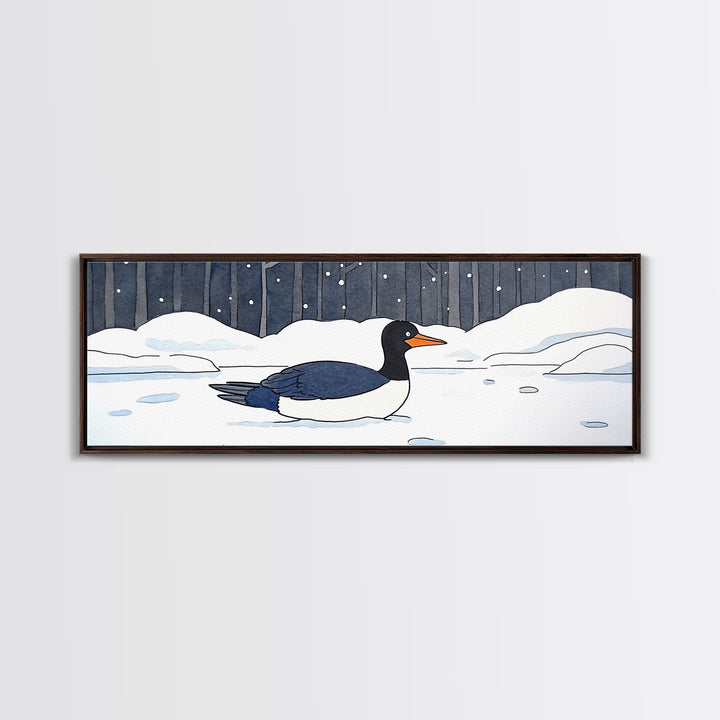 Black And White Duck In Snow Wall Art, Winter Bird Canvas Print, Minimalist Nursery Decor, Cozy Lake House Wildlife Art Print
