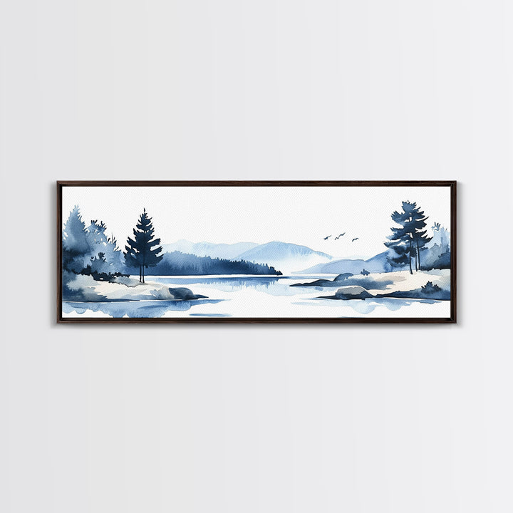 Blue Winter Lake And Pine Trees Wall Art, Watercolor Mountain Landscape Print, Coastal Cabin Decor, Serene Living Room Art
