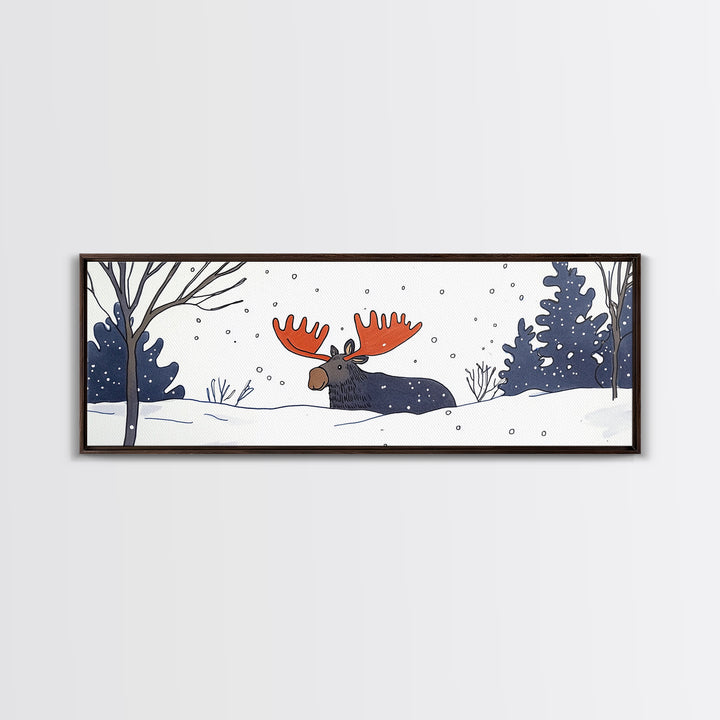 Whimsical Moose In Falling Snow Wall Art, Winter Animal Canvas Print, Cute Nursery Room Decor, Woodland Cabin Gift For Kids