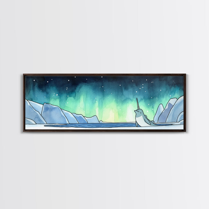Narwhal In Icy Arctic Waters Wall Art, Northern Lights Ocean Print, Whimsical Nursery Decor, Coastal Kids Room Art Gift