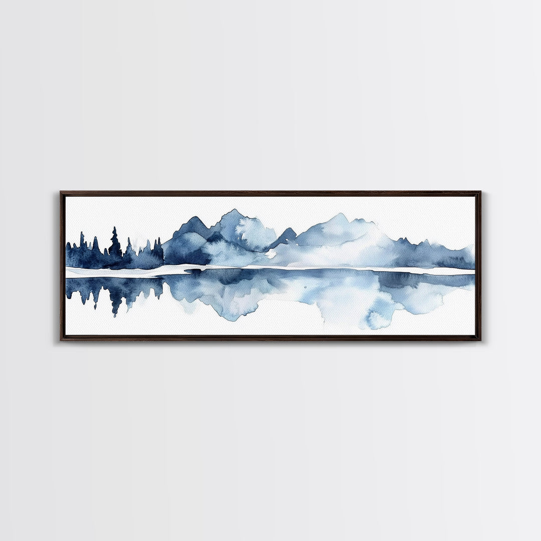Blue Mountain Lake Reflection Canvas Print, Watercolor Landscape Wall Art, Modern Coastal Decor, Calm Living Room Art Print
