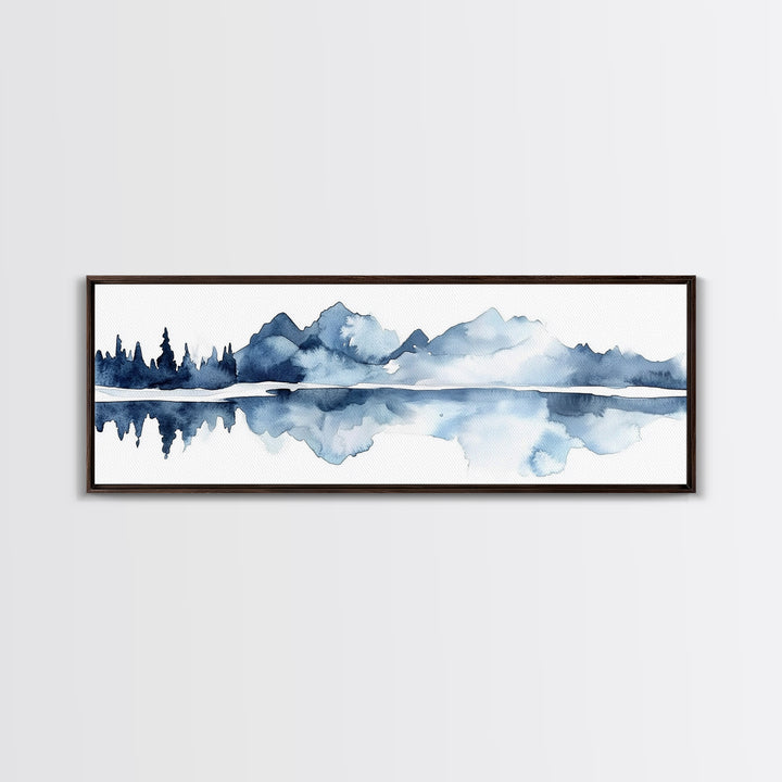 Blue Mountain Lake Reflection Canvas Print, Watercolor Landscape Wall Art, Modern Coastal Decor, Calm Living Room Art Print