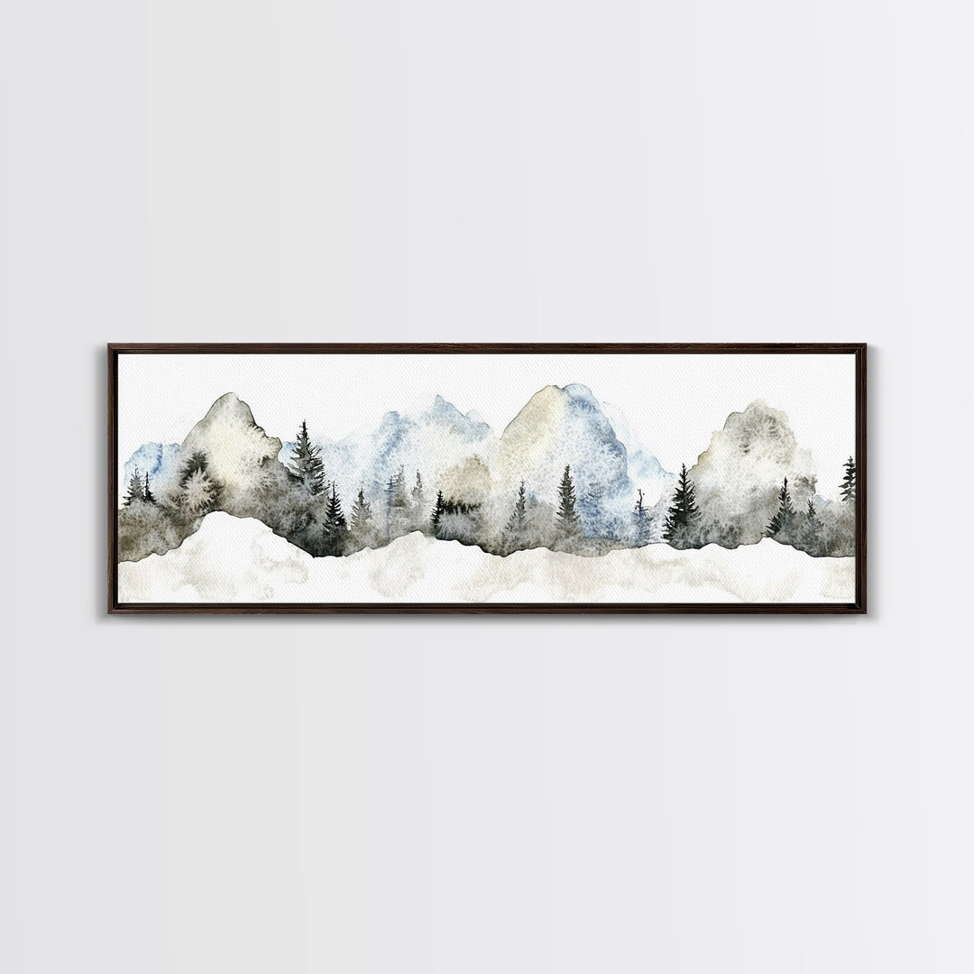 Misty Blue Mountains With Evergreen Pines Wall Art, Watercolor Landscape Print, Neutral Nature Decor, Japandi Bedroom Art
