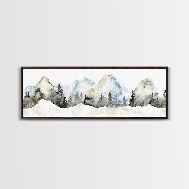 Misty Blue Mountains With Evergreen Pines Wall Art, Watercolor Landscape Print, Neutral Nature Decor, Japandi Bedroom Art
