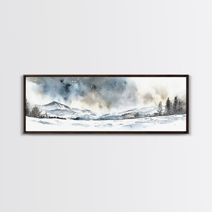 Snowy Mountain Valley Beneath Starry Sky Wall Art, Winter Landscape Painting, Rustic Nature Decor, Cabin Wall Decor Gift