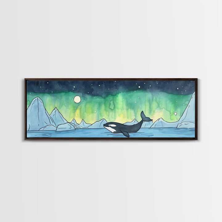 Orca Whale Under Northern Lights Wall Art, Arctic Seascape Canvas Print, Ocean Animal Art, Nautical Nursery Decor Gift Idea
