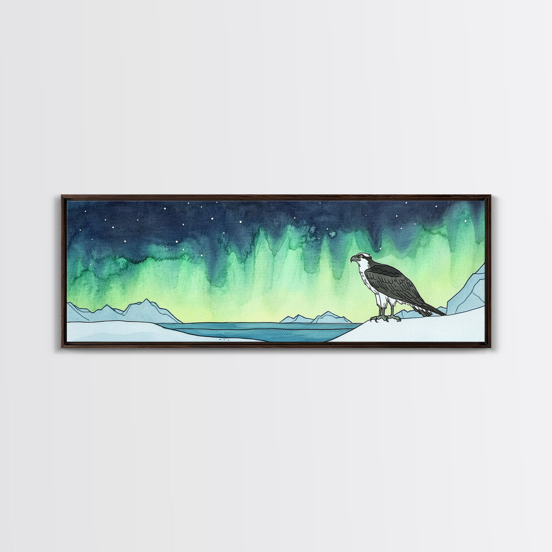 Osprey Over Icy Shore And Northern Lights Wall Art, Arctic Bird Canvas Print, Wildlife Nature Decor, Rustic Cabin Gift For Him