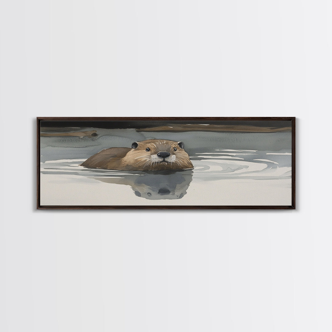 Swimming Otter In Moody Water Wall Art, Wildlife Canvas Print, Cozy Cabin Rustic Lake House Decor, Animal Lover Gift For Her