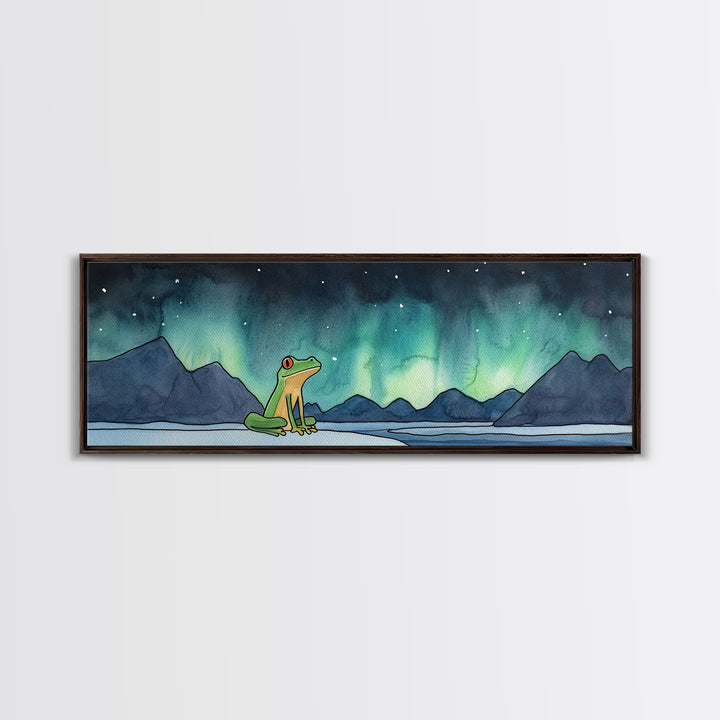 Green Frog Under Northern Lights Wall Art, Whimsical Animal Print, Mountain Lake Nursery Decor, Kids Room Wall Decor Gift