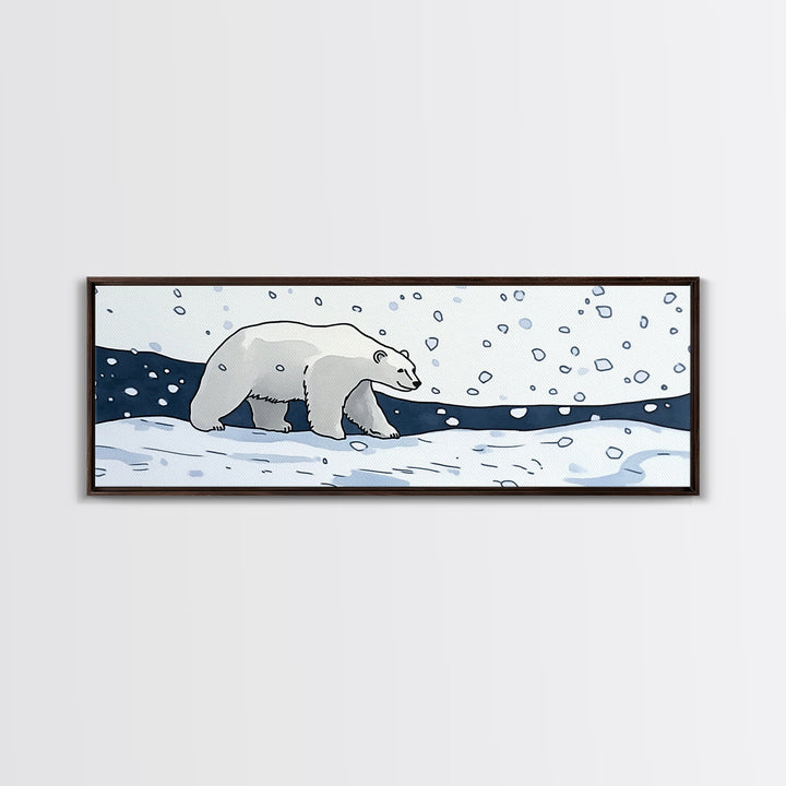 Polar Bear Walking In Falling Snow Canvas Print, Arctic Animal Wall Art, Winter Nursery Decor, Kids Room Wall Decor, Cabin Gift For Her