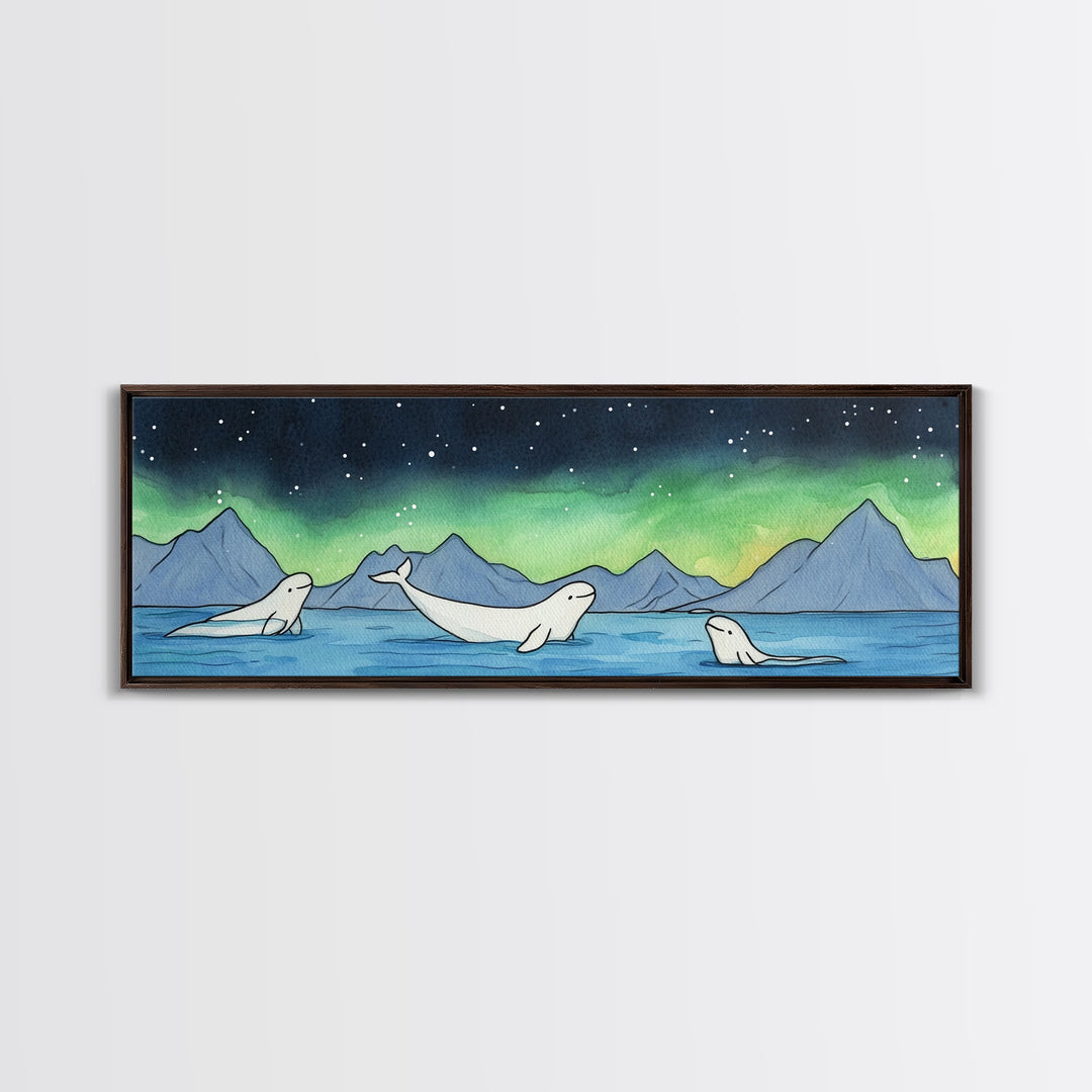 Beluga Whales Under Northern Lights Wall Art, Arctic Ocean Canvas Print, Wildlife Nursery Decor, Coastal Kids Room Art Print