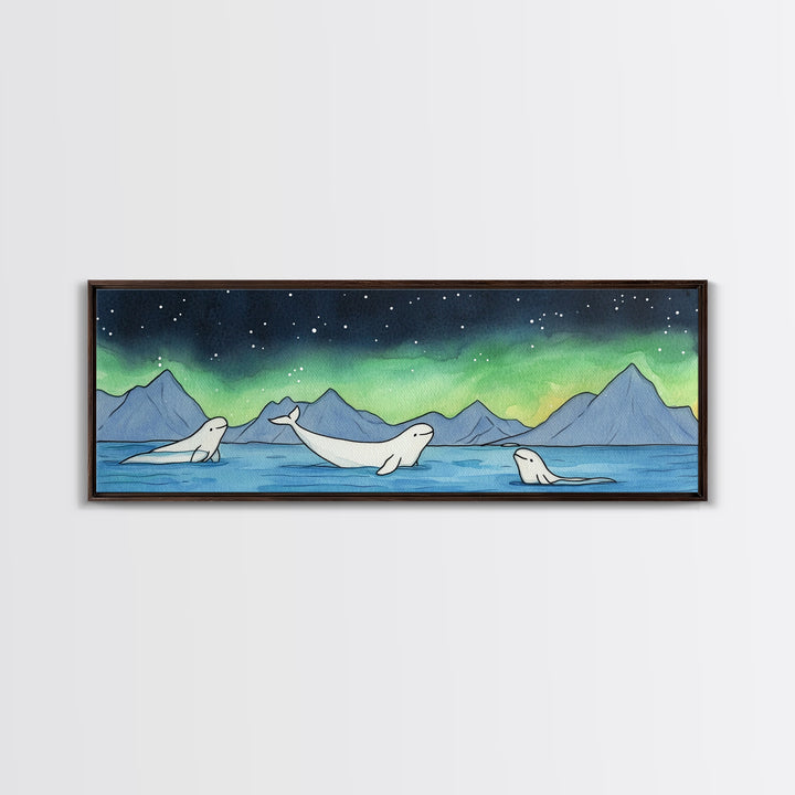 Beluga Whales Under Northern Lights Wall Art, Arctic Ocean Canvas Print, Wildlife Nursery Decor, Coastal Kids Room Art Print