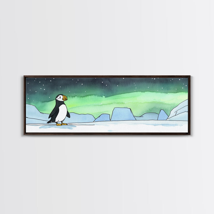 Puffin On Icy Shore Under Northern Lights Wall Art, Arctic Bird Canvas Print, Wildlife Nursery Decor, Coastal Wall Decor