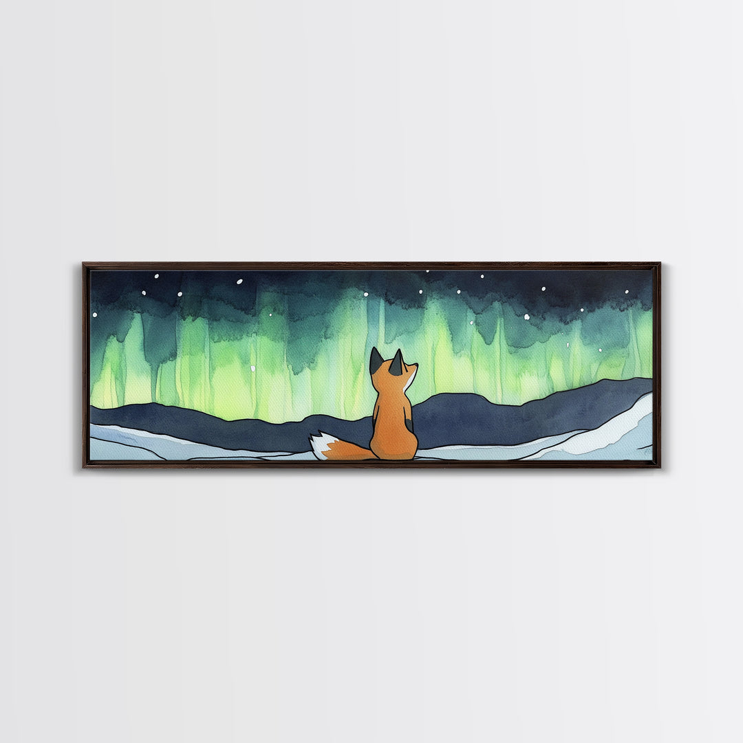 Fox Beneath Aurora Borealis Canvas Print, Winter Woodland Wall Art, Arctic Animal Decor, Cozy Nursery Art Print, Kids Room Decor