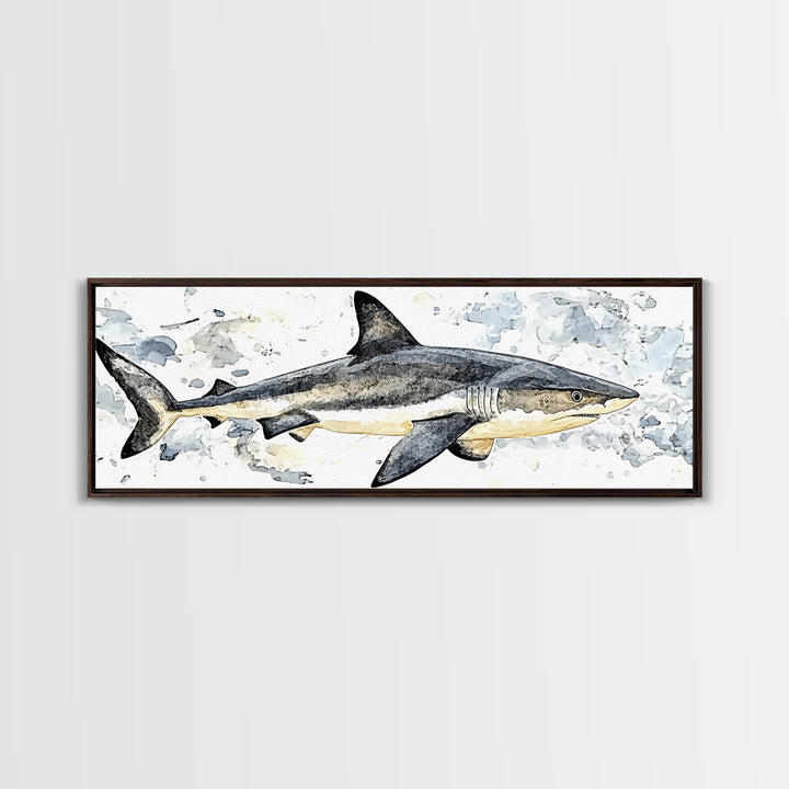 Great White Shark Watercolor Canvas Print, Ocean Wildlife Wall Art, Nautical Bathroom Decor, Coastal Kids Room Art Print