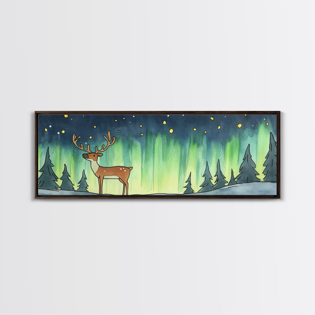 Deer Under Northern Lights Wall Art, Winter Forest Canvas Print, Rustic Wildlife Decor, Woodland Nursery Art Print, Cabin Wall Decor