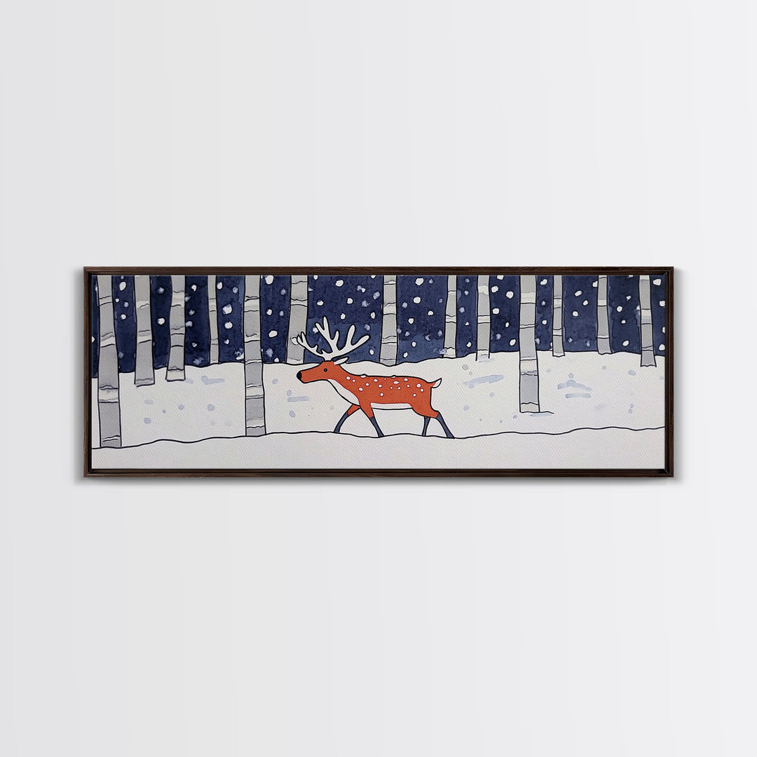Snowy Birch Forest Reindeer Wall Art, Whimsical Woodland Animal Print, Winter Nursery Decor, Rustic Cabin Home Decor Gift