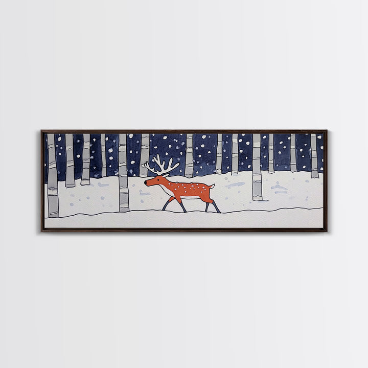 Snowy Birch Forest Reindeer Wall Art, Whimsical Woodland Animal Print, Winter Nursery Decor, Rustic Cabin Home Decor Gift