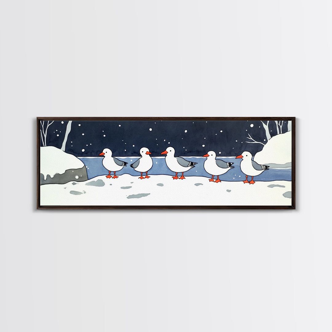 Snowy Ducks In Winter Pond Wall Art, Whimsical Bird Print, Farmhouse Cabin Decor, Cute Animal Nursery Wall Decor Gift Idea