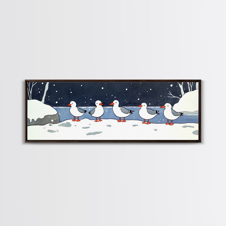 Snowy Ducks In Winter Pond Wall Art, Whimsical Bird Print, Farmhouse Cabin Decor, Cute Animal Nursery Wall Decor Gift Idea
