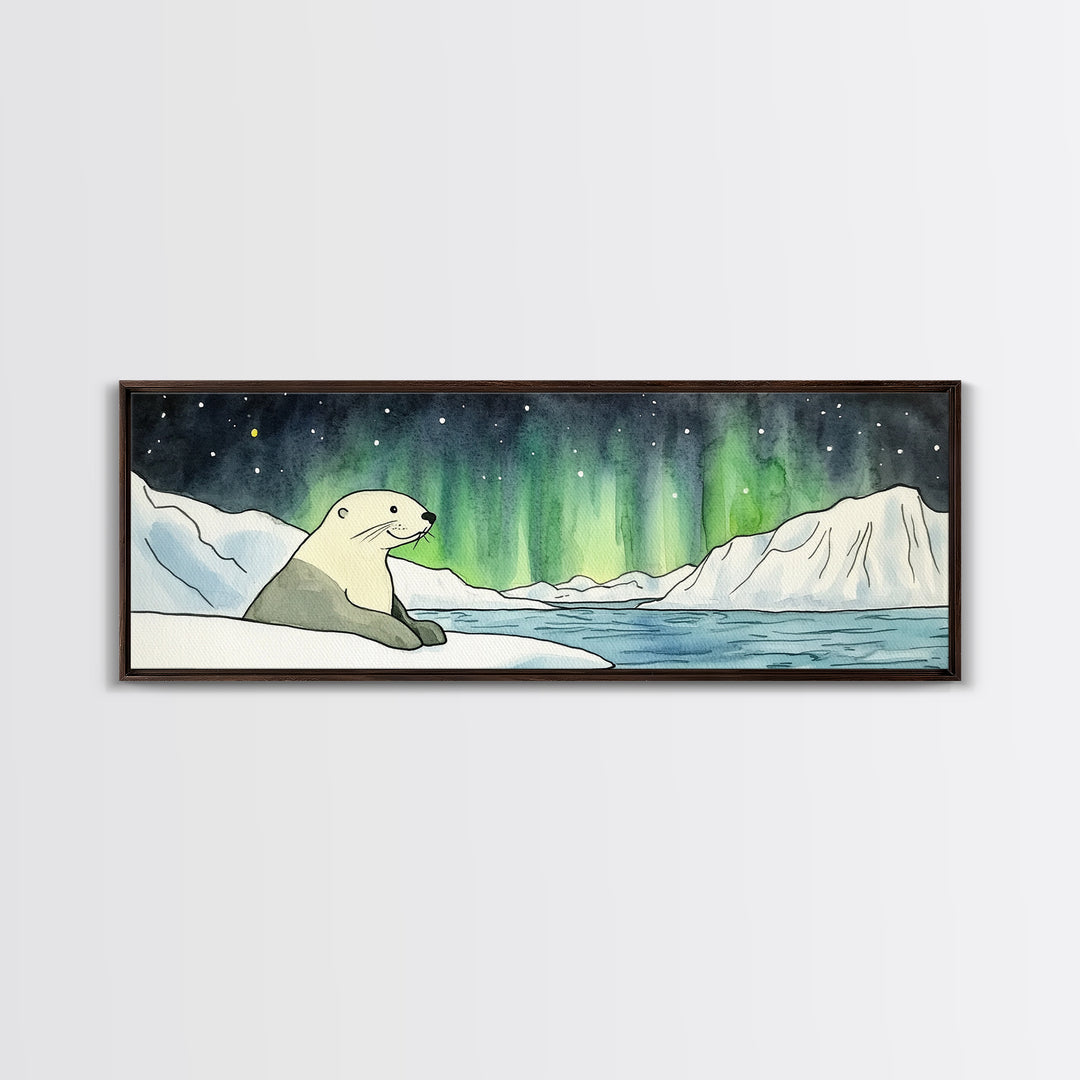 Polar Bear Northern Lights Wall Art, Arctic Wildlife Print, Winter Landscape Decor, Coastal Ocean Nursery Wall Decor Gift