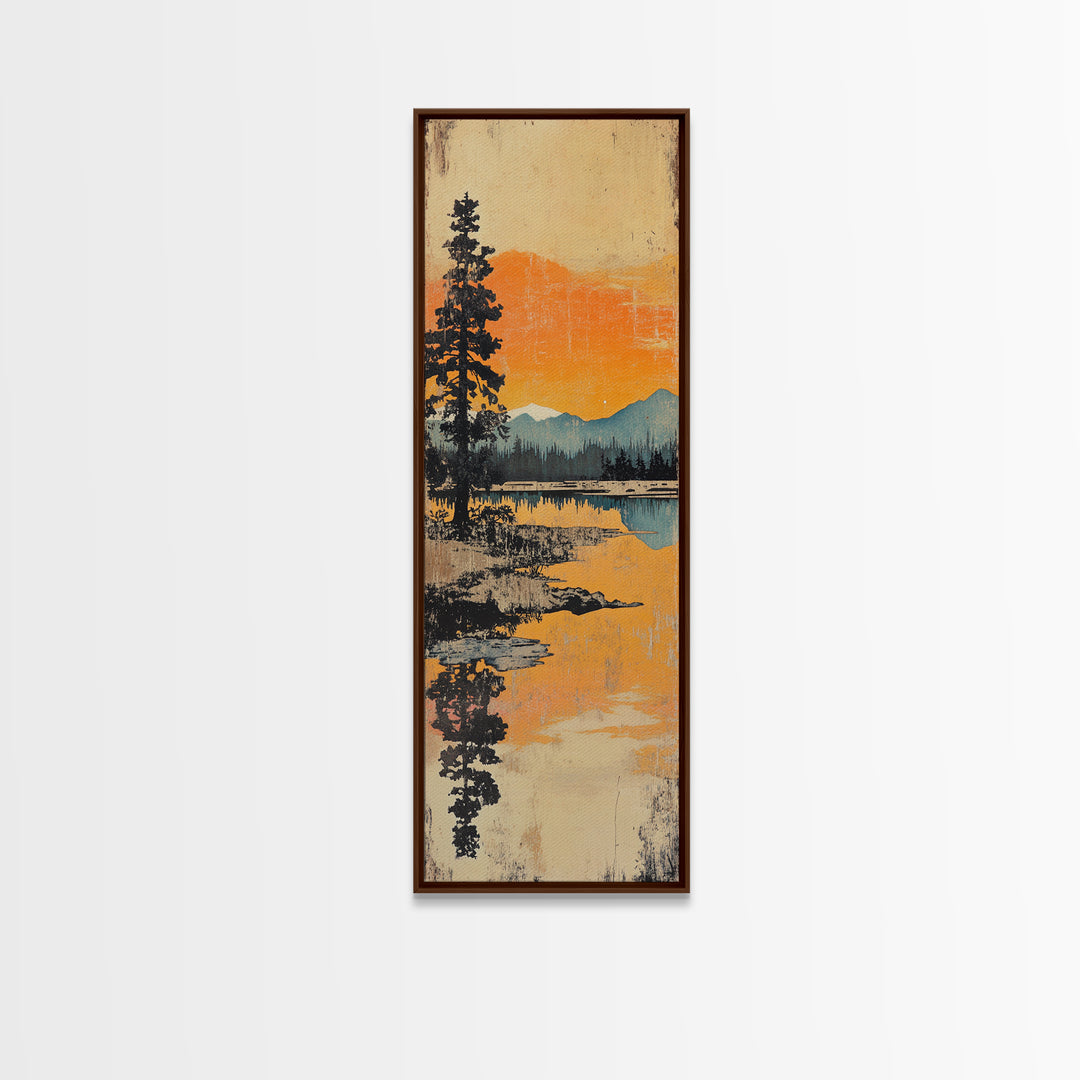 Orange Mountain Lake Reflection Canvas Print, Japanese Landscape Wall Art, Pine Forest Decor, Serene Sunset Living Room Art