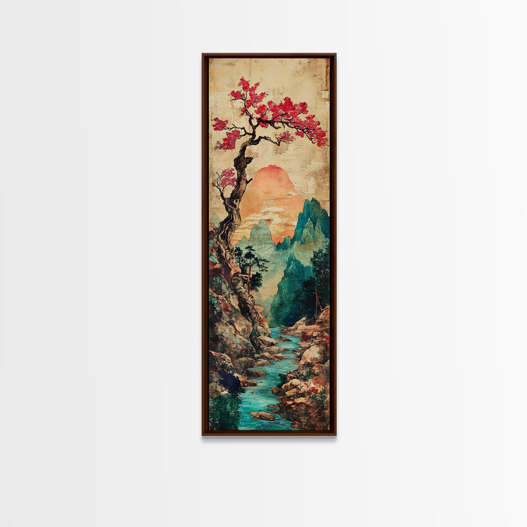 Cherry Blossom Mountain River Canvas Print, Japanese Landscape Wall Art, Teal Nature Decor, Romantic Spring Home Decor Print
