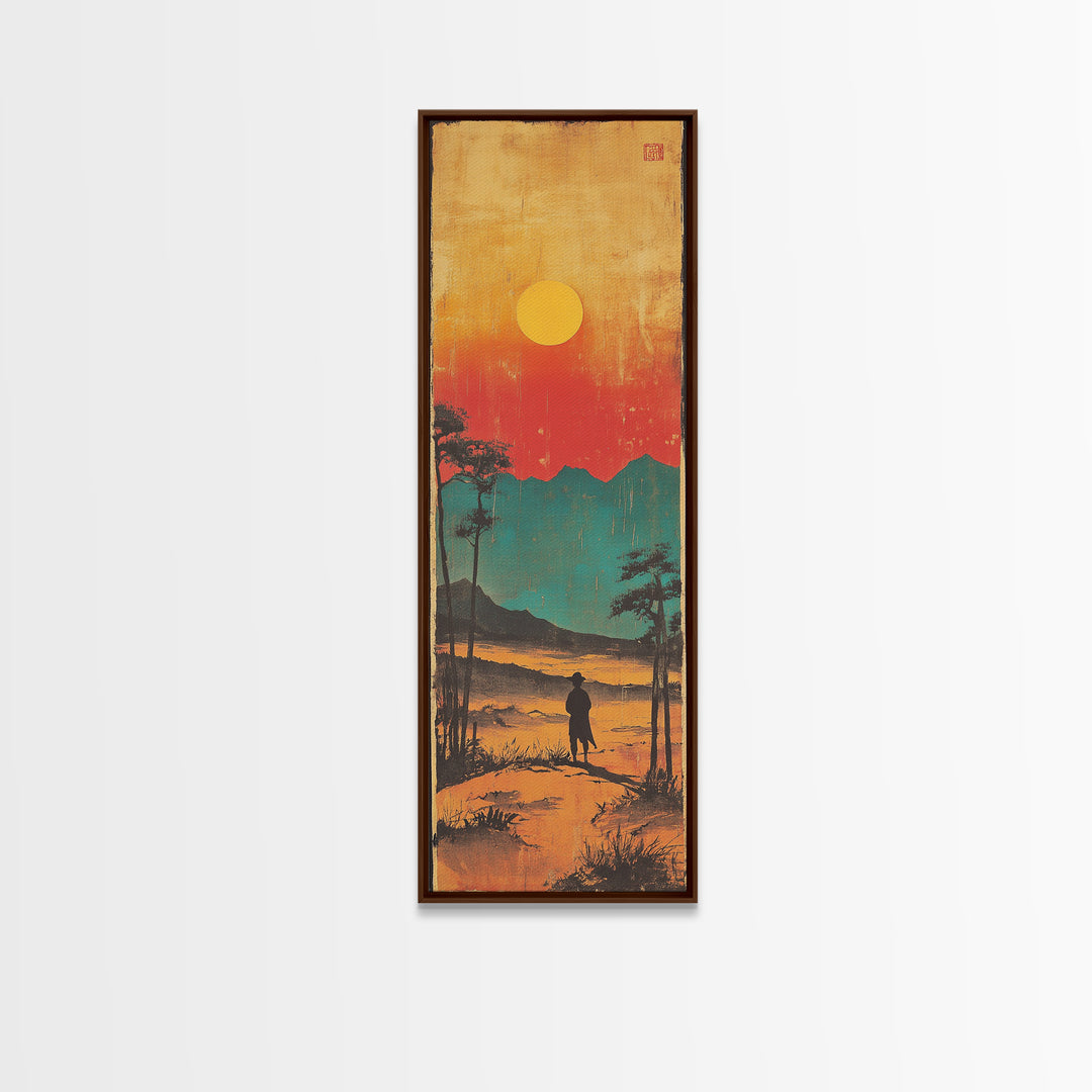 Lone Figure At Sunset Mountain Lake Framed Canvas Print, Japanese Landscape Wall Art, Moody Nature Decor, Vertical Poster
