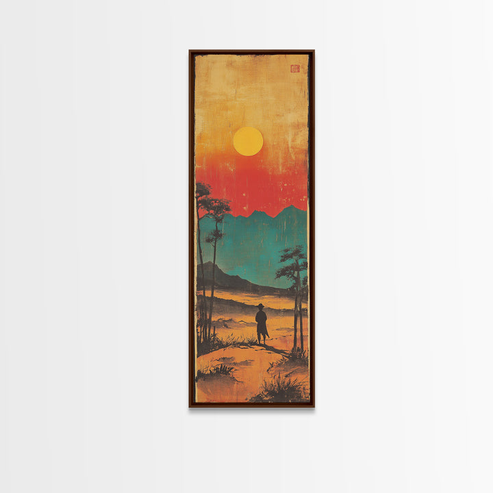 Lone Figure At Sunset Mountain Lake Framed Canvas Print, Japanese Landscape Wall Art, Moody Nature Decor, Vertical Poster