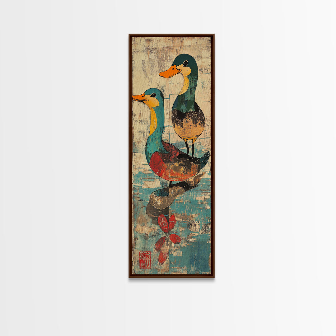 Two Colorful Mallard Ducks Wall Art, Whimsical Animal Print, Japanese Style Bathroom Decor, Cute Nursery Canvas Print Gift