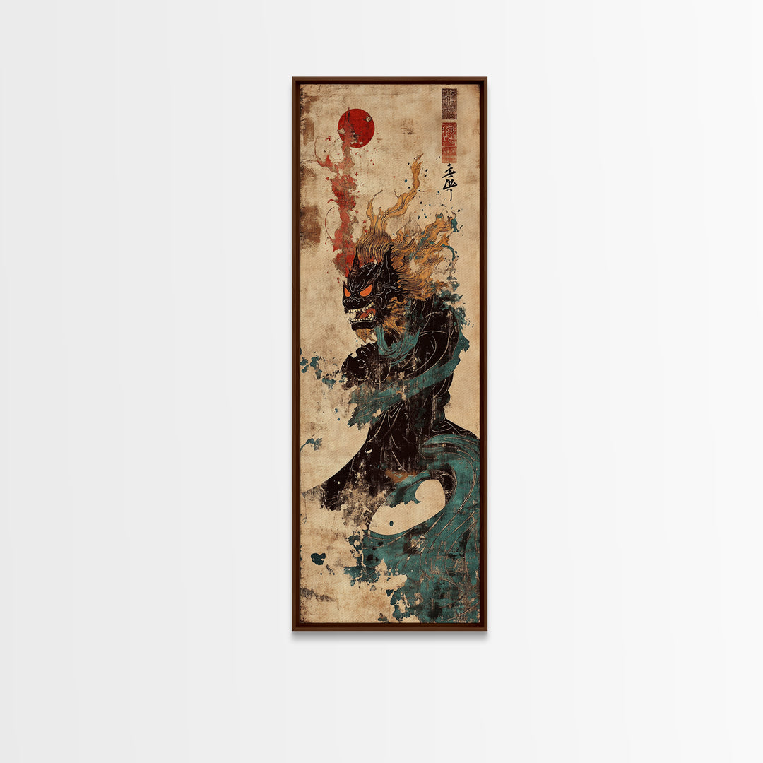 Dark Japanese Dragon With Red Sun Canvas Print, Mythical Fantasy Wall Art, Asian Warrior Decor, Gothic Statement Poster Art