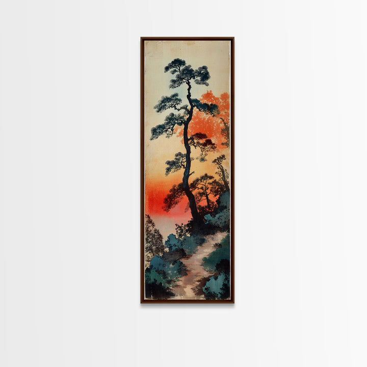 Tall Pine Trees At Sunset Wall Art, Japanese Forest Landscape Print, Misty Nature Decor, Long Vertical Canvas Print Home Decor