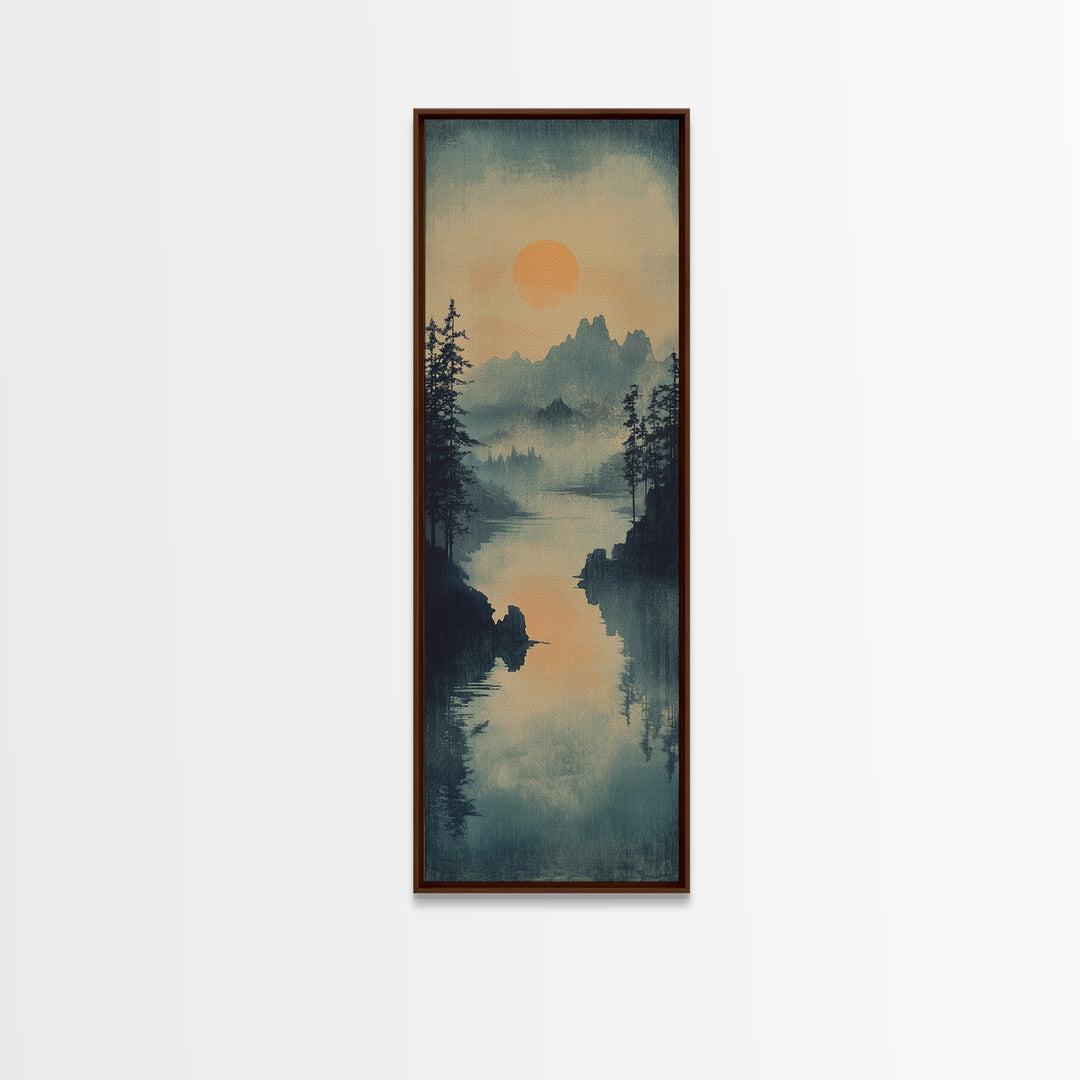 Misty Pine Lake Sunset Wall Art, Japanese Landscape Print, Moody Mountain Decor, Calming Nature Art For Living Room Wall Decor