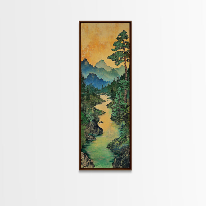 Turquoise River Mountain Landscape Wall Art, Japanese Nature Print, Rustic Cabin Decor, Large Canvas Wall Art For Living Room