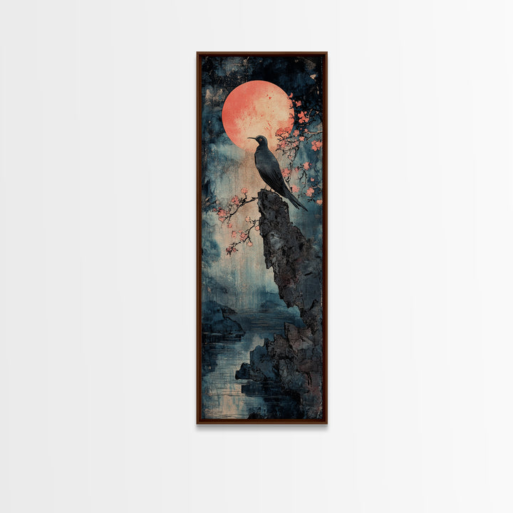 Black Bird By Pink Moon, Japanese Seascape Wall Art, Cherry Blossom Print, Moody Coastal Decor, Large Canvas Wall Art For Living Room