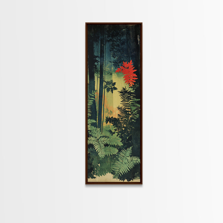 Dark Forest Ferns With Red Maple Glow Wall Art, Botanical Nature Print, Moody Woodland Decor, Large Framed Canvas Print For Spa Decor