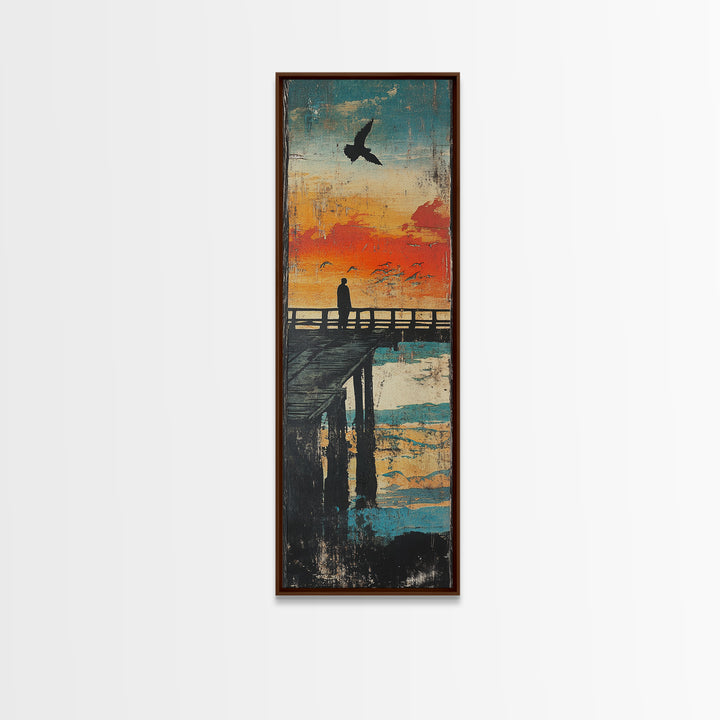 Sunset Pier Silhouette Framed Canvas Print, Coastal Wall Art, Ocean Landscape Art, Seaside Wall Decor, Living Room Decor