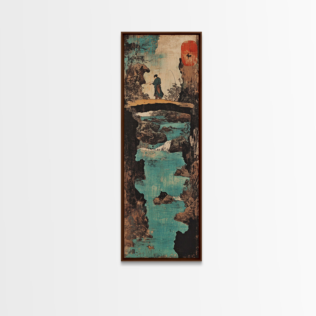 Japanese Bridge Fisherman Wall Art, Asian Landscape Print, Zen Home Decor, Japandi Wall Decor, Serene Living Room Art Gift