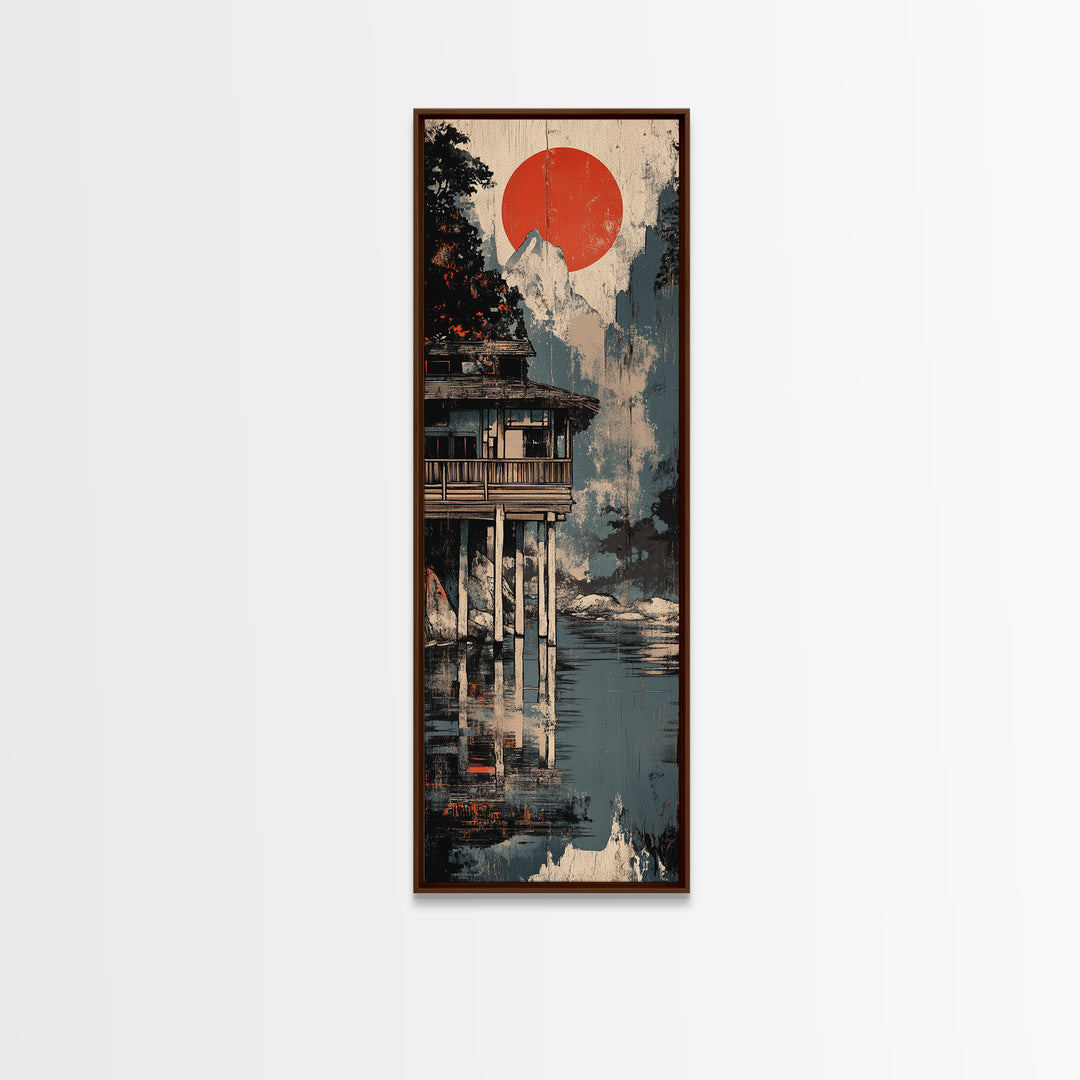 Mountain Lake Cabin Canvas Print, Japanese Wall Art, Japandi Wall Decor, Serene Landscape Art, Modern Coastal Home Decor