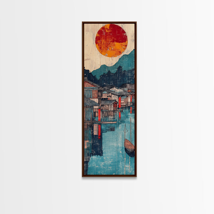Harbor Village At Sunset Framed Canvas Print, Japanese Wall Art, Mountain Lake Decor, Asian Landscape Print, Coastal Home Decor