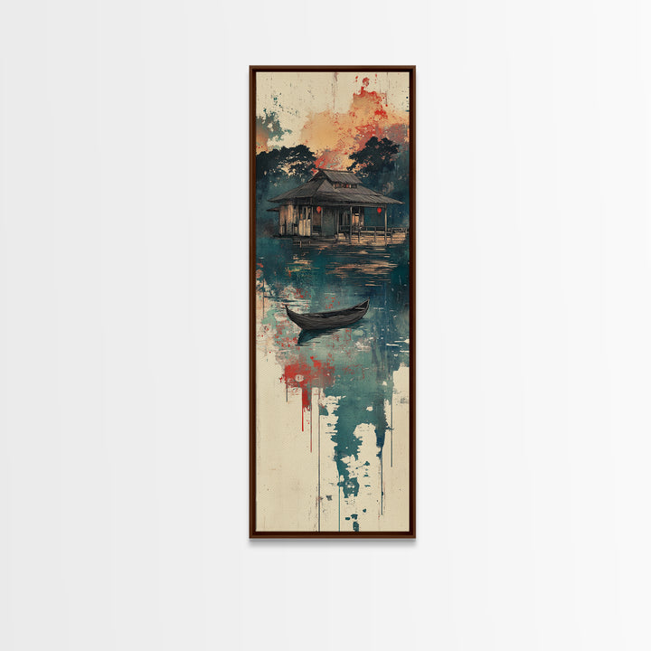 Floating Lake House Canvas Print, Misty Japanese Wall Art, Serene Boat Landscape, Japandi Decor, Peaceful Coastal Wall Decor