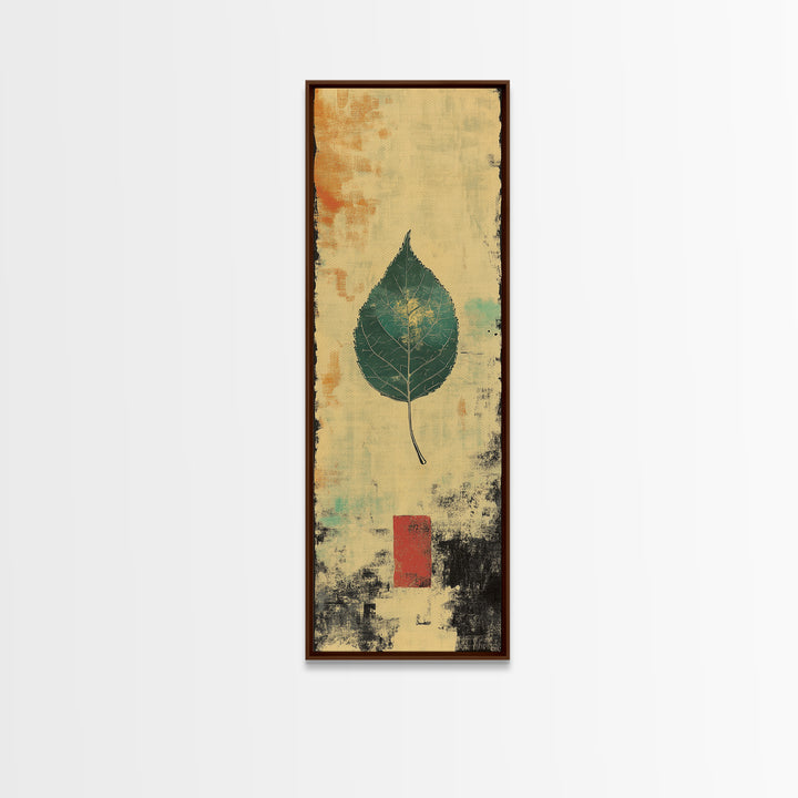 Green Botanical Leaf Wall Art, Japanese Wabi Sabi Nature Print, Minimalist Organic Modern Decor, Vertical Canvas Print For Home