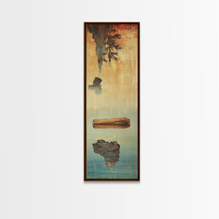 Floating Log And Stone Canvas Print, Japanese Zen Landscape Wall Art, Rustic Wabi Sabi Decor For Serene Living Room Decor