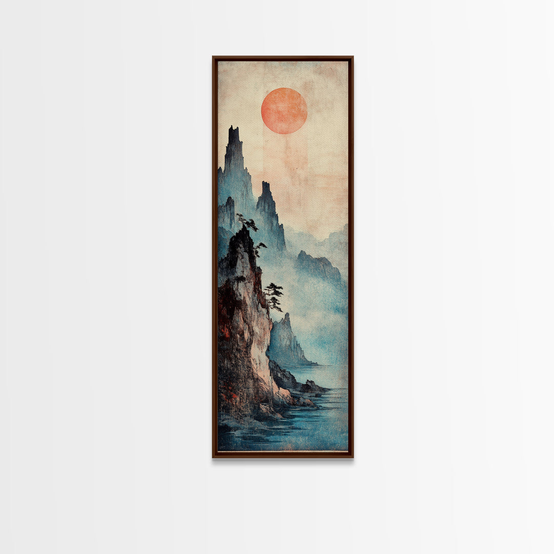 Red Sun Misty Mountain Wall Art, Japanese Landscape Canvas Print, Moody Asian Decor, Serene Nature Art For Living Room Decor